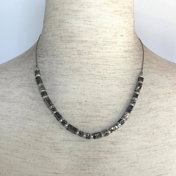 Oxidized Sterling Silver 925 Floral Stamped Rectangular Beaded Pearl Necklace - Picture 1 of 16